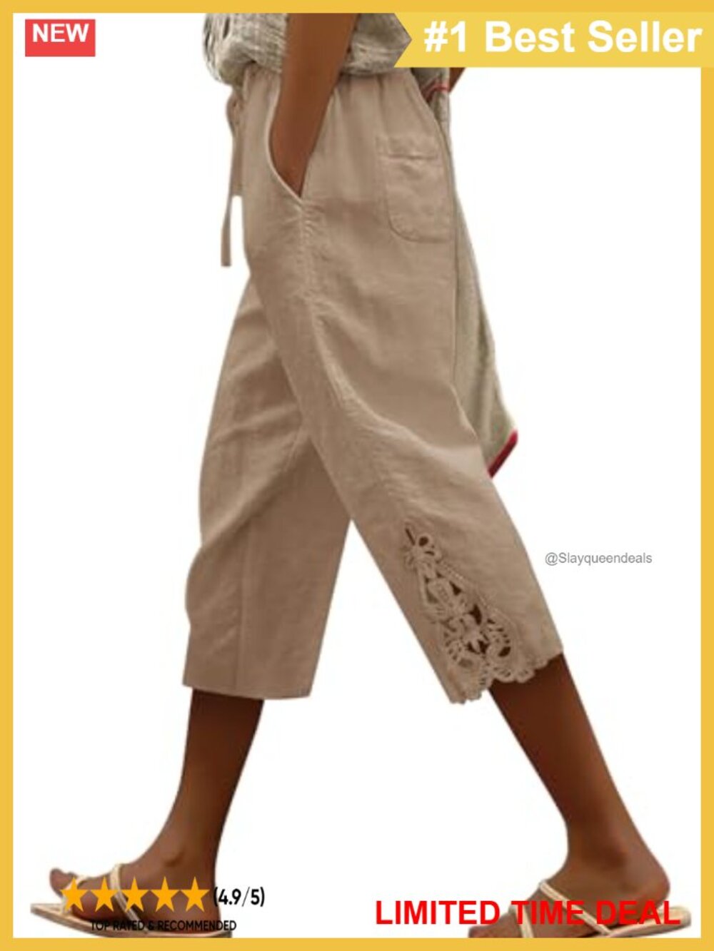 Cotton Linen Capri Pants Wide Leg Drawstring Elastic Waist Lace Hem Pockets